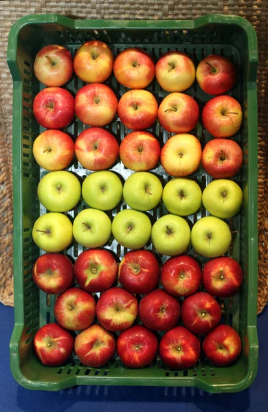 Verschillende appels in kratten op boerenmarkt — Stockfoto