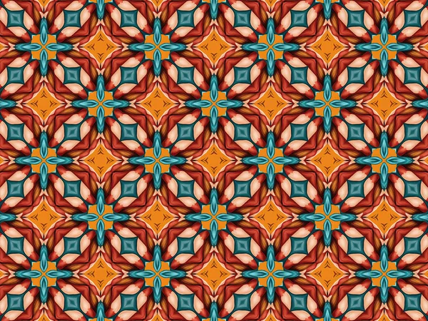 Patterns drawn in red, turquoise and brown colors on a yellow background. It can be used for various surfaces. Illustration.