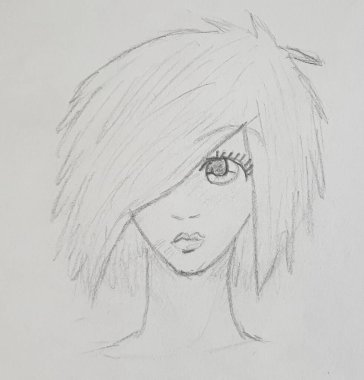 Genç üzgün bir kadının siyah kalem çizimi.