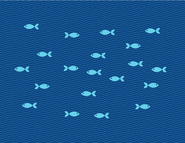 Векторная плоская иллюстрация рыб против линейных волн. Рыбалка
