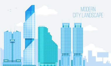 Clear Blue Sky ve Copy Space ile Modern City View Skyscraper Cityscape Arka Plan. Vektör İllüstrasyonu