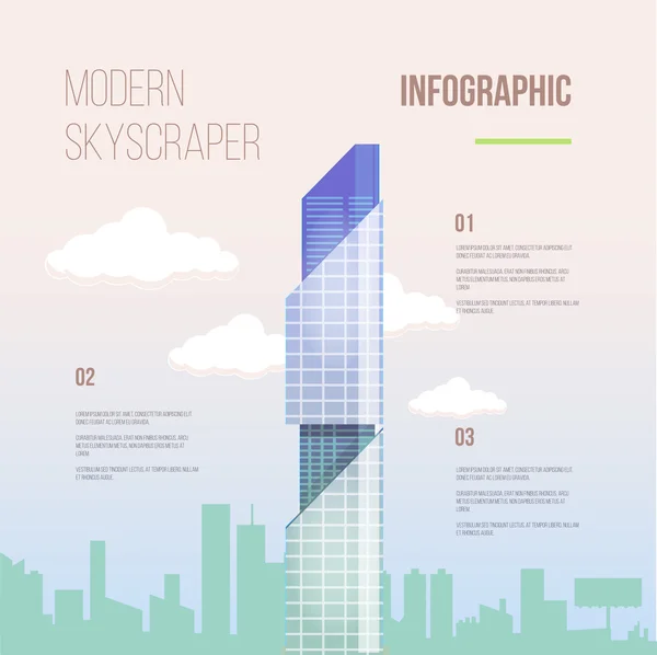 Infográficos da cidade de arranha-céu de escritório moderno de vidro com textos e notas —  Vetores de Stock