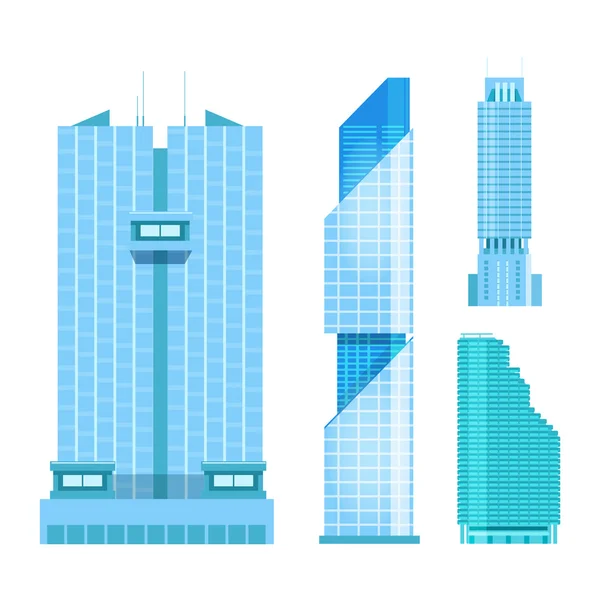 近代的な超高層ビルのアイコンが設定されています。都市要素のフラットデザイン。本社を持つ新しいオフィスビル — ストックベクタ