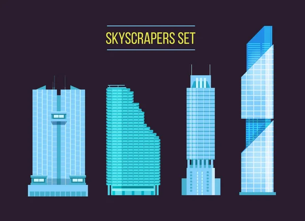 Rascacielos modernos iconos establecidos en el fondo oscuro. Diseño plano de los elementos de la ciudad. Nuevos edificios de oficinas con sede . — Vector de stock