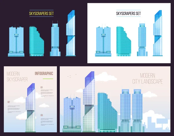 Duże miasta infografiki zestaw wieżowce nowoczesne biuro z teksty i nuty. Płaskie stylu. — Wektor stockowy