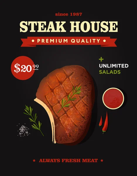 Kreative Steak House Plakatgestaltung. Realistisches Vektorsteak mit Knochen. Ansicht von oben. — Stockvektor
