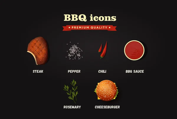 Realistic vector bbq icons set. Top view illustrations on the black background. — 스톡 벡터