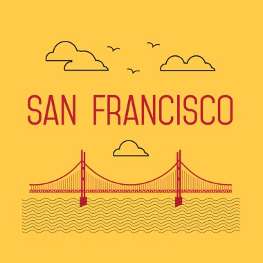 San Francisco Golden Gate Köprüsü. San Francisco vektör dönüm noktası illüstrasyon. Çizgi düz tarzı. San Francisco görünümü.