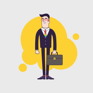 Young stylish homosexual businessman with leather briefcase. Gay wearing red glasses and rainbow tie.