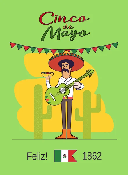Feliz Cinco de Mayo. Meksiko memegang makanan cepat saji nasional dan gitar Meksiko. Ilustrasi orang Meksiko dengan kumis dan sombrero. Elemen grafis untuk kartu pos atau poster . - Stok Vektor