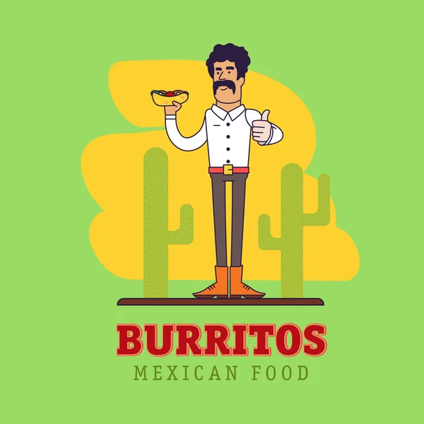 Orang meksiko modern memegang makanan cepat saji nasional - burrito pedas. Ilustrasi orang Meksiko dengan kumis. Manusia menunjukkan jempol ke atas. Elemen grafis untuk restoran atau kafe . - Stok Vektor