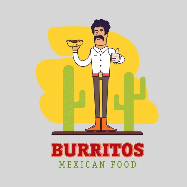 Orang meksiko modern memegang makanan cepat saji nasional - burrito pedas. Ilustrasi orang Meksiko dengan kumis. Manusia menunjukkan jempol ke atas. Elemen grafis untuk restoran atau kafe . - Stok Vektor