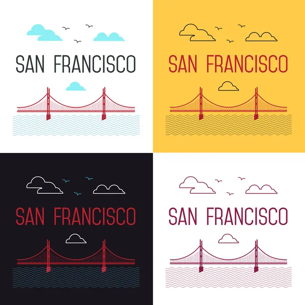 Zestaw ilustracjach mostu Golden Gate w San Francisco. San Francisco wektor Landmark ilustracji. Płaski styl linii. Widok na San Francisco. Grafika w koszulce — Wektor stockowy