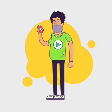 Bira ile tek shaggy adam olabilir. Üzgün boşanmış kocası. Dağınık görünüm. Doğrusal düz illüstrasyon.