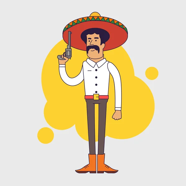 Mexican bandit with sombrero, mustache and big pistol. — Stock Vector