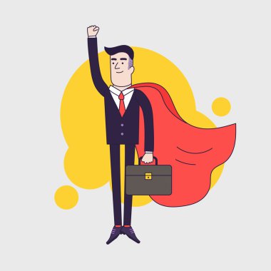 Genç ciddi işadamı süper kahraman deri evrak çantası ve kırmızı pelerin ile uçan. Liderlik becerileri ile işadamı