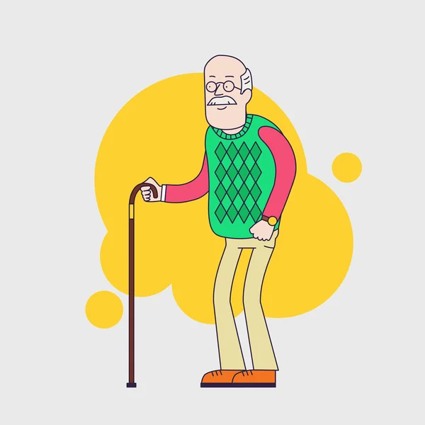 Gözlüklü, bıyıklı ve bastonlu yaşlı bir adam. Yaşlı kazak giyen yaşlı. Vektör karakteri. Lineer düz tasarım. — Stok Vektör