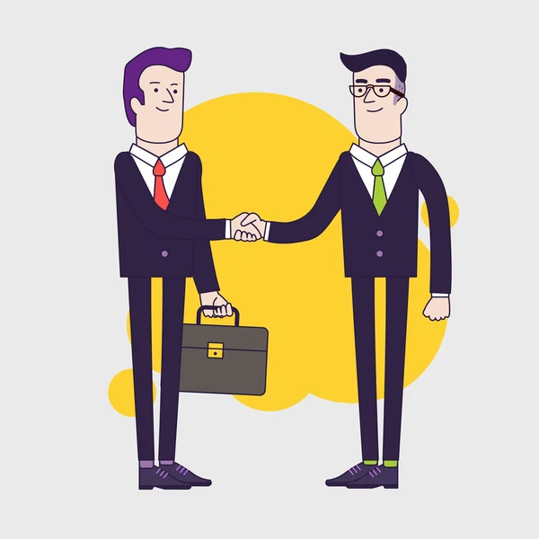 Affärsmän skakar hand. Två affärsmän har affärsavtal. Framgångsrika förhandlingar av verksamhet. Linjära platt illustration. — Stock vektor
