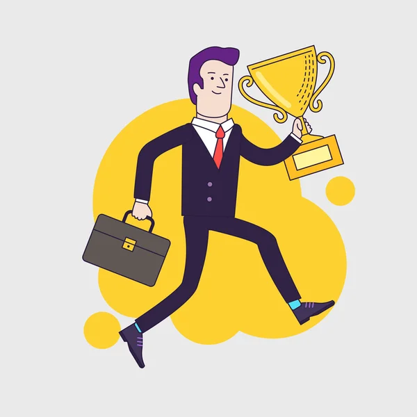 Viering van de zakenman houden Winner Cup Trophy en running. Business Achievement concept. Platte stijl vector illustratie. — Stockvector