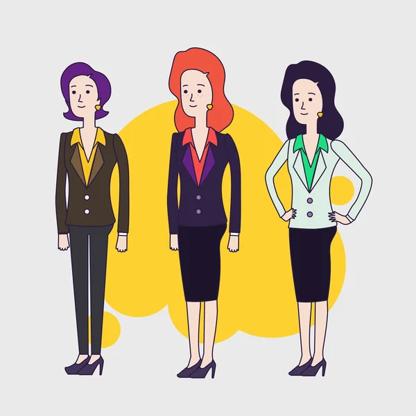 Elegante negocio mujer vector caracteres conjunto. Diferentes pelos y poses. Morena, cabello rojo y mujeres de negocios de pelo corto. Mujeres con ropa de negocios. Diseño plano lineal — Archivo Imágenes Vectoriales