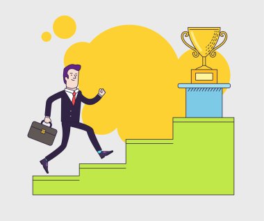 Kupası kazanan almak için iş adamı ile bavul başarı merdiven çıkma. Düz stil vektör çizim.