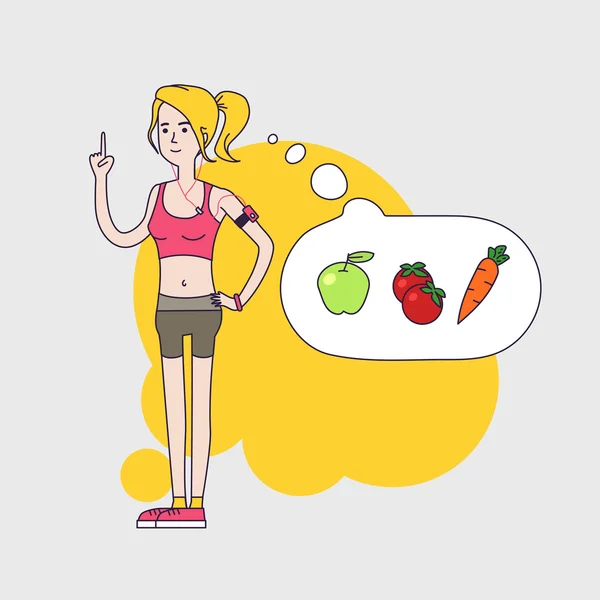 Atlética mujer delgada está pensando en la dieta vegetal saludable y calorías. Personajes de Mujer Fintess con leggins cortos y top corto. Diseño plano lineal . — Foto de Stock