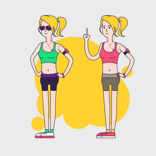 Ілюстрація fit двох молодих жінок в спортивному одязі. Жінка Fintess символи носити короткі легінси і короткий Топ. Спортивні бігу для здоров'я. Лінійний плоский дизайн. — стокове фото