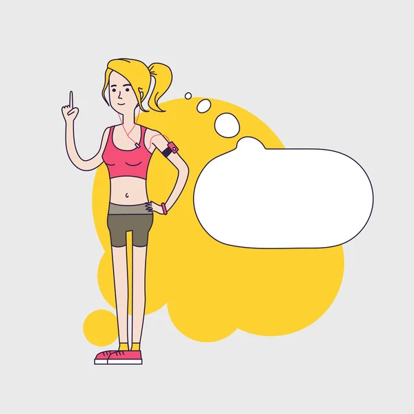 Athletic slim woman with cartoon empty bubble.. Woman Fintess characters wearing short leggings and short top. Linear flat design — Stock Photo, Image