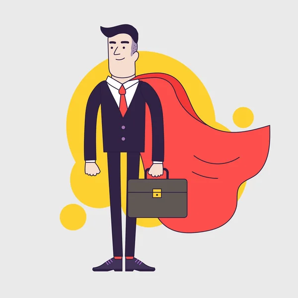 Joven hombre de negocios serio superhéroe con maletín de cuero y capa roja . — Foto de Stock