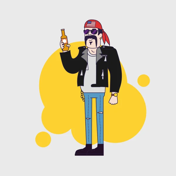 Biker character in sunglasses and leather jacket with beer bottle. Linear flat design. — Stock Vector