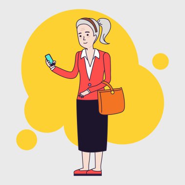 Cep telefonu kullaranarak Intellegent modern yaşlı kadın. Büyükanne smartphone cep telefonu ile mesaj okuma. Doğrusal düz tasarım.