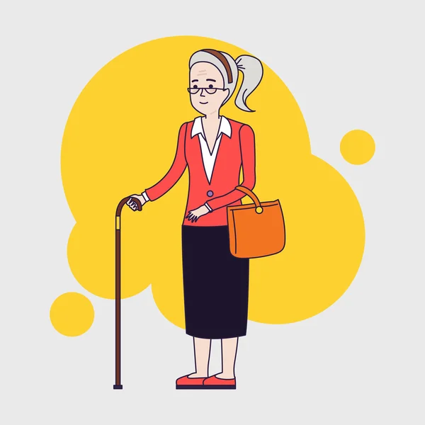 Vieja mujer con estilo con bastón. Señora mayor con gafas caminando. Diseño plano lineal vectorial — Archivo Imágenes Vectoriales