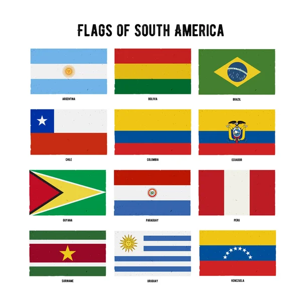 South America Continent Flag Pack. A hand drawn scratched flags with a grunge texture. — Stock Vector