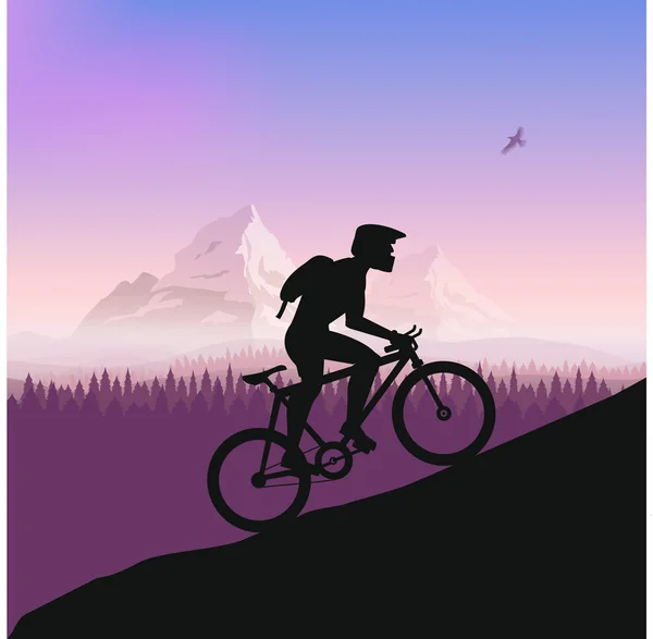 Ciclist pe drumuri grele. Cursele de biciclete merg la munte. Design plat vectorial. silueta bicicleta — Vector de stoc