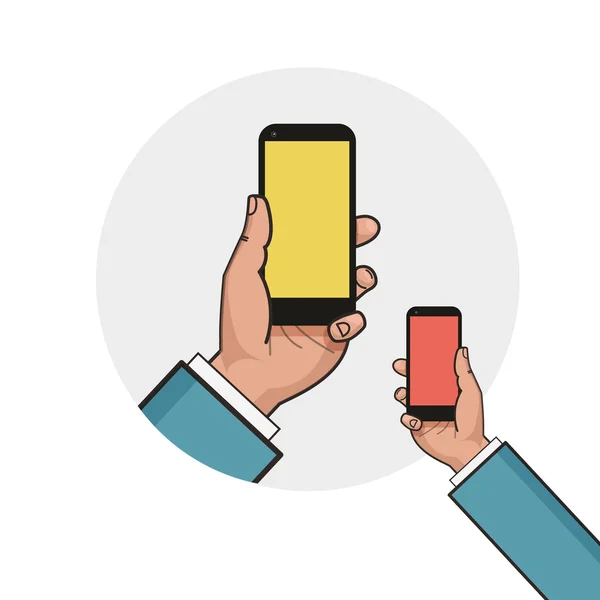 Teléfono móvil en mano de hombre de negocios. Mano izquierda usando smartphone. Burla de teléfono móvil moderno con pantalla táctil. Diseño plano vectorial . — Vector de stock