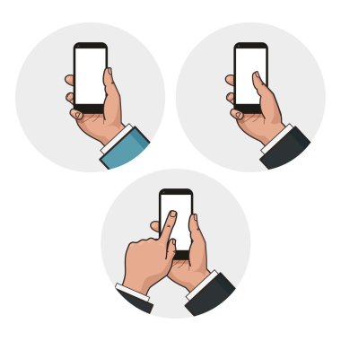 Cep telefonu iş adamı elinde. Parmak smartphone ekran dokunur. Mockup modern cep telefonu dokunmatik ekran ile. Vektör düz tasarımı
