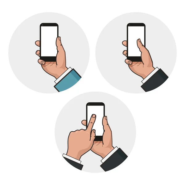 Mobiltelefon i affärsman hand. Finger berör en skärm av smartphone. Mockup av modern mobiltelefon med pekskärm. Vector platt design — Stock vektor
