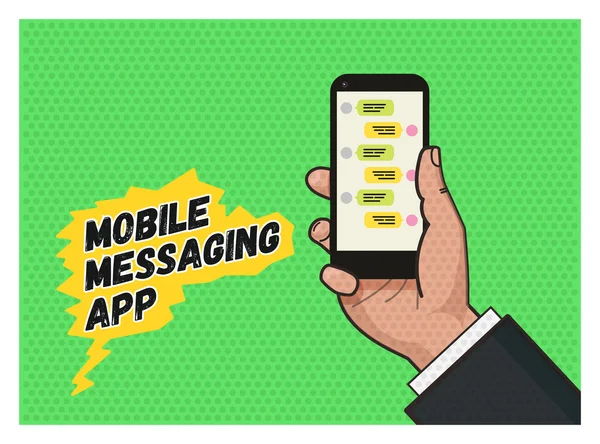 Writing a message on mobile app. Hand holding a mobile phone against green background. Pop art illustration in vector flat format. Old style of a texture. Mobile messaging app — Stock Vector
