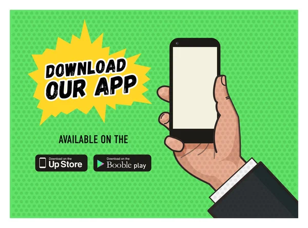 Λήψη σελίδα των κινητών μηνυμάτων app. χέρι κρατώντας ένα κινητό τηλέφωνο σε πράσινο φόντο. Pop art εικόνα σε διανυσματική μορφή επίπεδη. Παλιό στυλ του μια υφή. Λήψη κουμπιών — Διανυσματικό Αρχείο