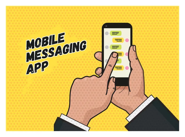 Üzenet írása a mobil app. keze megérintette a mobiltelefon, sárga háttérrel. Pop-art illusztráció vektor lapos formátumban. Régi stílusú egy textúra. Mobil üzenetküldő alkalmazás — Stock Vector