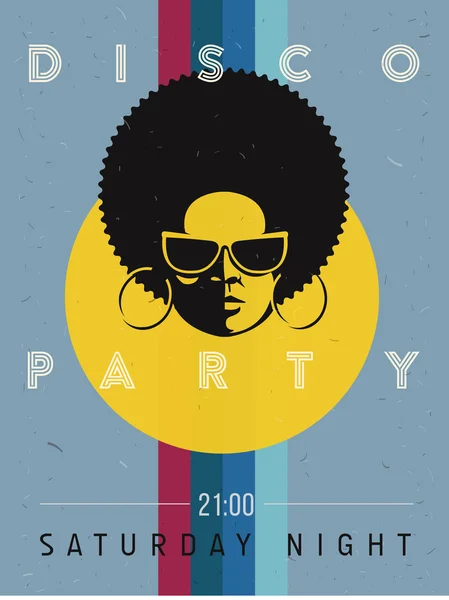 Disco Party Veranstaltungsflyer. Kreatives Vintage-Poster. Vektorvorlage im Retro-Stil. Schwarze Frau mit Sonnenbrille. — Stockvektor