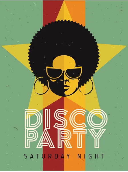 Disko partisi el ilanı. Yaratıcı VINTAGE poster. Vektör retro stil şablonu. Siyah kadın güneş gözlüğü. — Stok Vektör