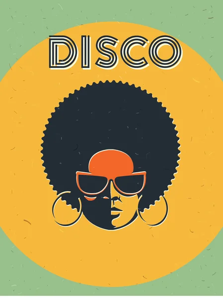 Volante del evento de la fiesta Disco. Cartel vintage creativo. Plantilla de estilo retro vectorial. Mujer negra en gafas de sol — Archivo Imágenes Vectoriales