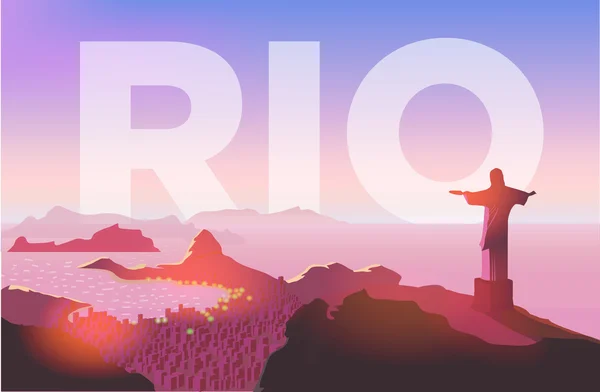 Rio de Janeiro skyline. Statue s'élève au-dessus de la ville brésilienne. Coucher de soleil sur la plage de Copacabana. Illustration vectorielle — Image vectorielle