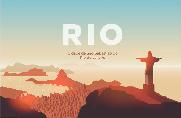 El horizonte de Río de Janeiro. La estatua se eleva por encima de la ciudad brasileña. Cielo del atardecer sobre la playa de Copacabana. Ilustración vectorial — Vector de stock