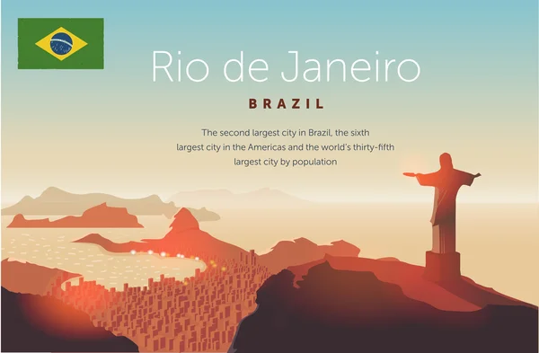 O horizonte do Rio de Janeiro. Estátua se eleva acima da cidade brasileira. Céu do pôr do sol sobre a praia de Copacabana. Ilustração vetorial — Vetor de Stock