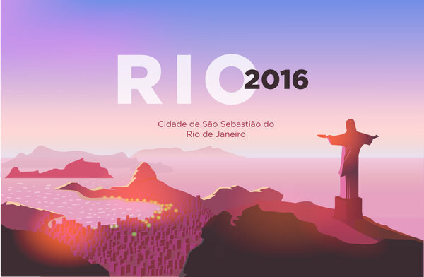 Рио-де-Жанейро. Статуя возвышается над бразильским городом. Закат над пляжем Копакабана. Векторная иллюстрация
