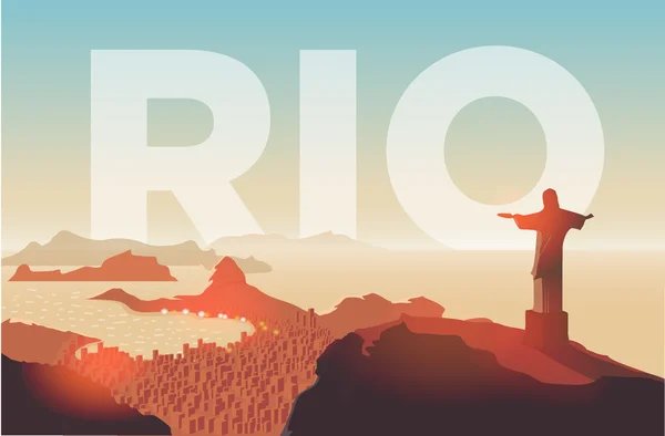 Rio de Janeiro manzarası. Heykel Brezilya şehir üzerinde yükselir. Copacabana Plajı üzerinde gökyüzü günbatımı. Vektör çizim