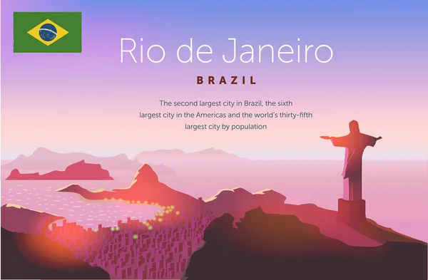 Die Skyline von Rio de Janeiro. Statue erhebt sich über der brasilianischen Stadt. Sonnenuntergang über dem Strand von Copacabana. Vektorillustration — Stockvektor