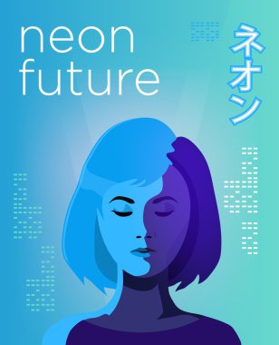 Neon fütüristik poster. Genç kız canlı renkli Illustration. Asya işareti. Retro fütürizm stil vektör şablonu. Kapalı gözlerle Asyalı kadın.